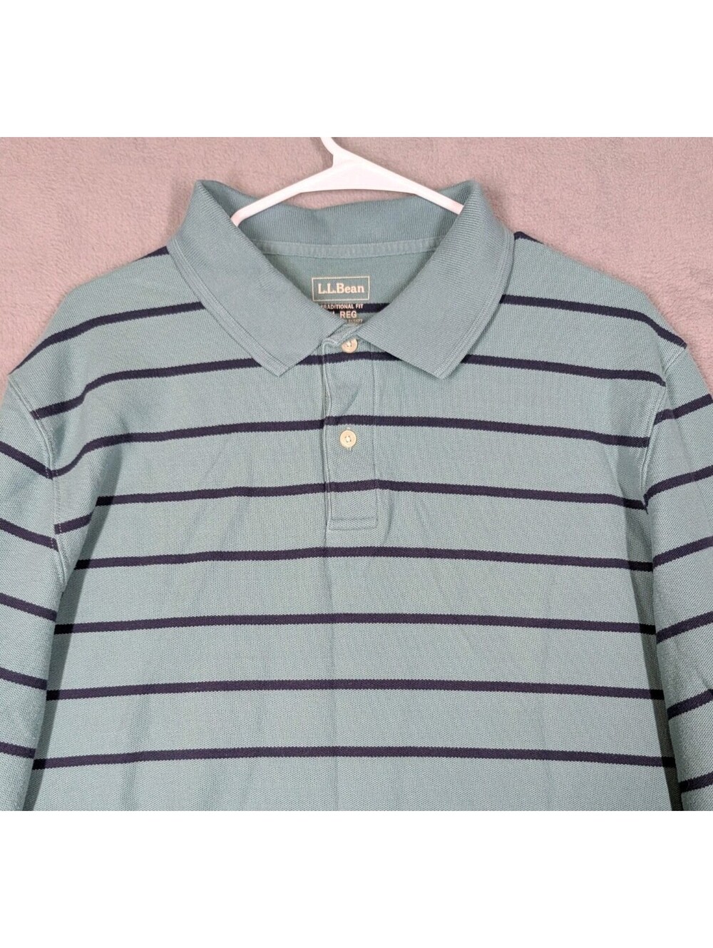 LL Bean Mens XL Blue Navy Striped Rugby Long Sleeve Polo Shirt Traditional Fit